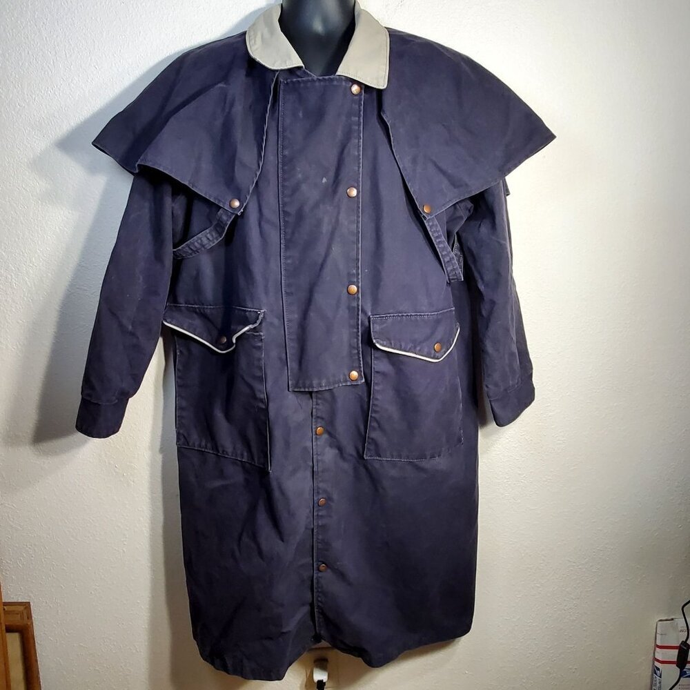 VTG Oilskin Full-Length Duster Coat With Cape Medium 100% Cotton Made In USA - Picture 4 of 16